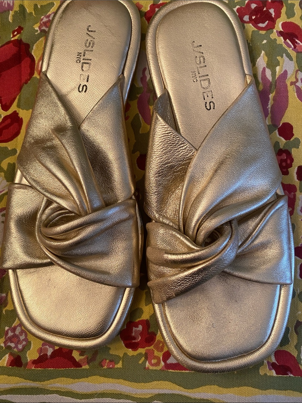 J/Slides Metallic Rose Knot Slide Sandals in Gold